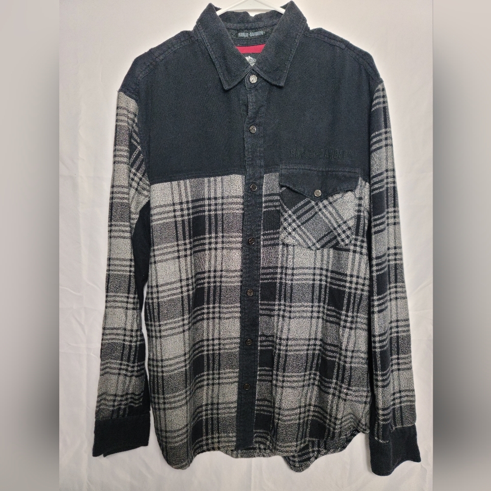 Harley Davidson Black Plaid Mixed Media Shirt Size: Large 100% COTTON